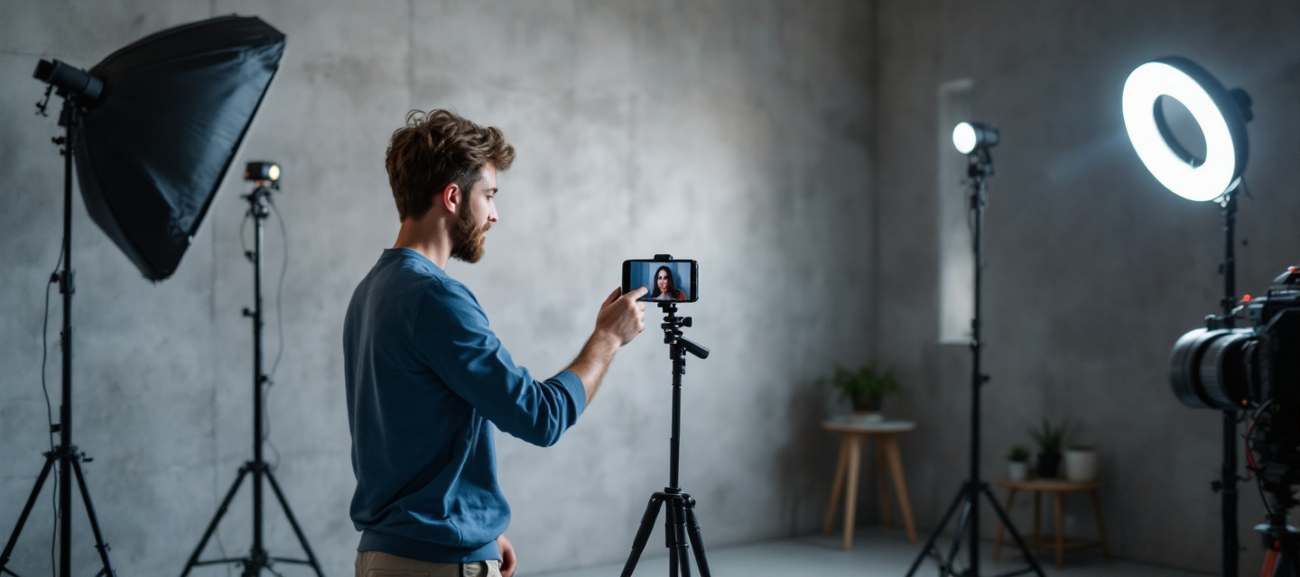 Creator filming a vertical video on a smartphone mounted on a tripod in a studio